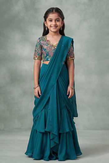 Hirika & Dhruti Tikki Thread Embroidered Pre-Draped Saree Set For Kids