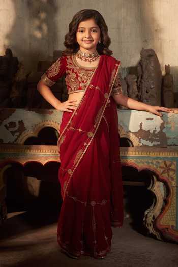 Hirika & Dhruti Fankaar Hand Work Organza Saree & Blouse Set For Kids