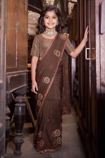Hirika & Dhruti Lehar Saree With Embroidered Blouse For Kids