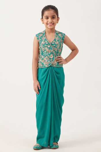 Hirika & Dhruti Turquoise Embroidered Jacket & Draped Skirt Set For Kids