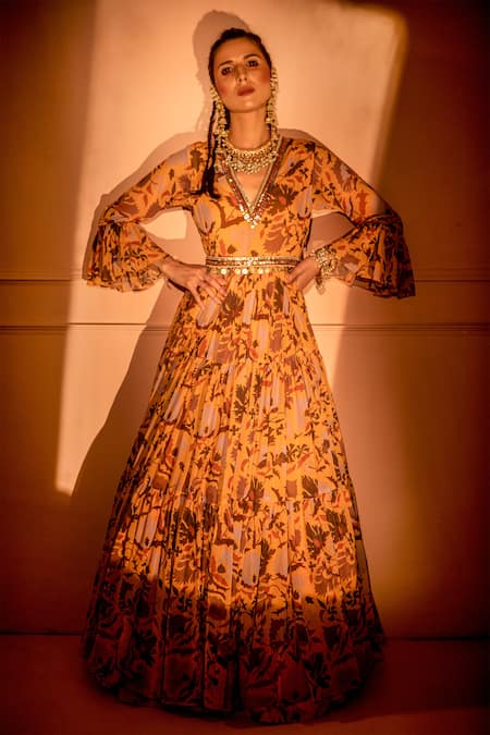 Neha Khullar_Yellow Chiffon V Neck Printed Anarkali With Dupatta _Online_at_Aza_Fashions