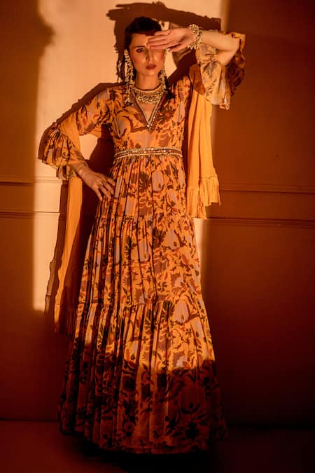 Buy_Neha Khullar_Yellow Chiffon V Neck Printed Anarkali With Dupatta _Online_at_Aza_Fashions