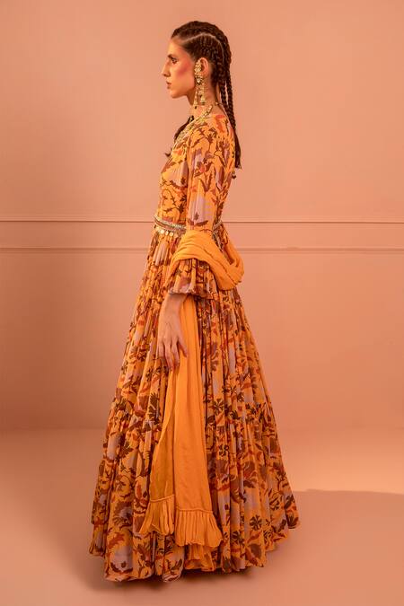Shop_Neha Khullar_Yellow Chiffon V Neck Printed Anarkali With Dupatta _Online_at_Aza_Fashions