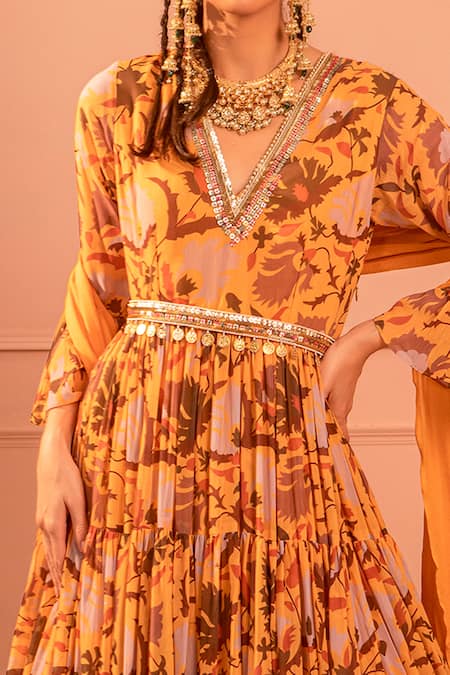 Neha Khullar_Yellow Chiffon V Neck Printed Anarkali With Dupatta _at_Aza_Fashions