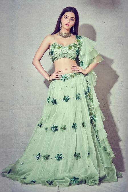 Buy Silky Bindra Green Organza, Shantoon Sweetheart Neck Embroidered Lehenga Set Online at Aza Fashions Buy_Silky Bindra_Green Organza, Shantoon Sweetheart Neck Embroidered Lehenga Set _Online_at_Aza_Fashions
