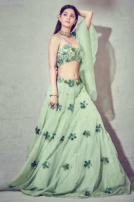 Shop Silky Bindra Green Organza, Shantoon Sweetheart Neck Embroidered Lehenga Set at Aza Fashions Shop_Silky Bindra_Green Organza, Shantoon Sweetheart Neck Embroidered Lehenga Set _at_Aza_Fashions