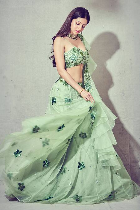 Shop Silky Bindra Green Organza, Shantoon Sweetheart Neck Embroidered Lehenga Set Online at Aza Fashions Shop_Silky Bindra_Green Organza, Shantoon Sweetheart Neck Embroidered Lehenga Set _Online_at_Aza_Fashions