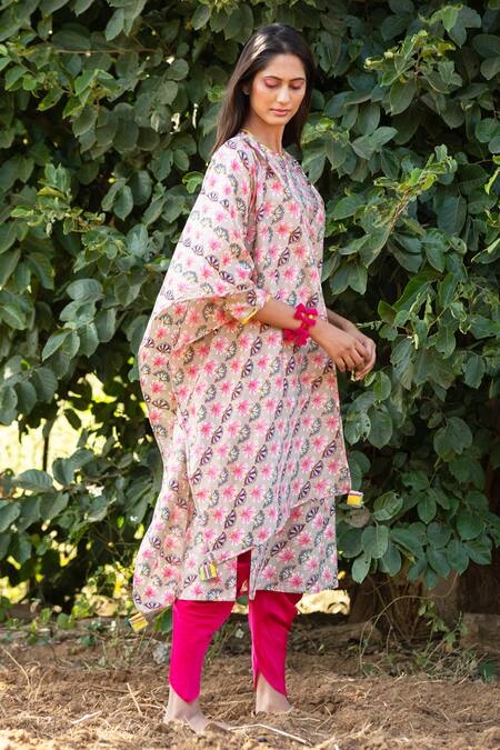 Buy_Rang Swati Vijaivargie_Beige Modal Satin, Silk Chanderi Round Kurta And Dhoti Pant Set _Online_at_Aza_Fashions