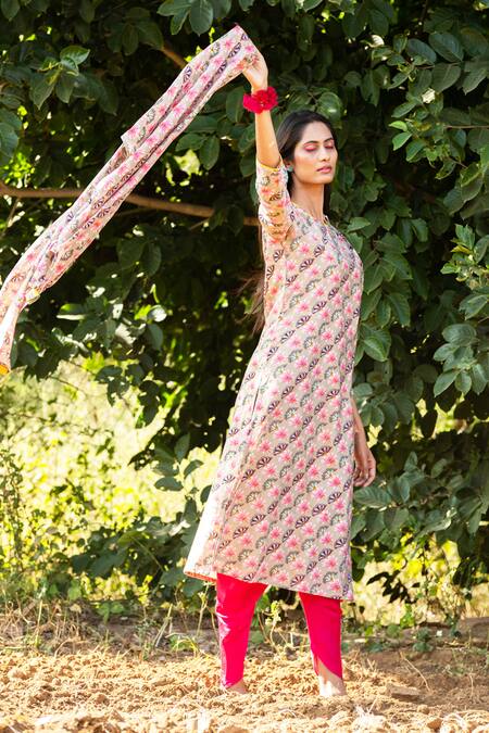 Rang Swati Vijaivargie_Beige Modal Satin, Silk Chanderi Round Kurta And Dhoti Pant Set _Online_at_Aza_Fashions