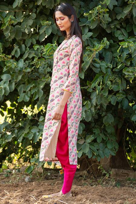 Shop_Rang Swati Vijaivargie_Beige Modal Satin, Silk Chanderi Round Kurta And Dhoti Pant Set _Online_at_Aza_Fashions