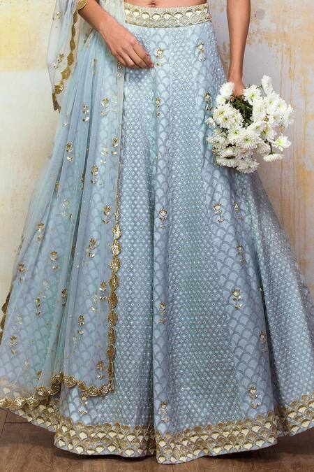 Izzumi Mehta_Blue Lehenga Chanderi Blouse Organza Dupatta Net Embroidered Bridal Set _Online_at_Aza_Fashions