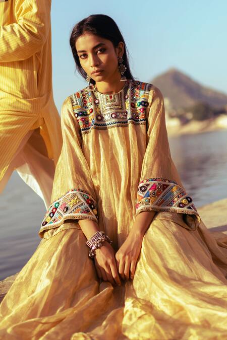 Karishma Khanduja Bareilly Gold Tissue Silk Round Anarkali And Palazzo Set at Aza Fashions Karishma Khanduja Bareilly_Gold Tissue Silk Round Anarkali And Palazzo Set _at_Aza_Fashions