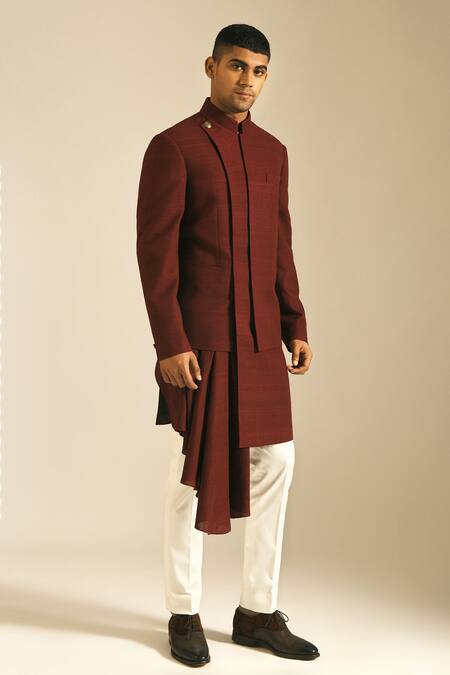 Dhruv Vaish_Maroon Silk Sherwani Set_Online_at_Aza_Fashions