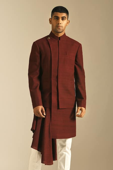 Buy_Dhruv Vaish_Maroon Silk Sherwani Set_Online_at_Aza_Fashions