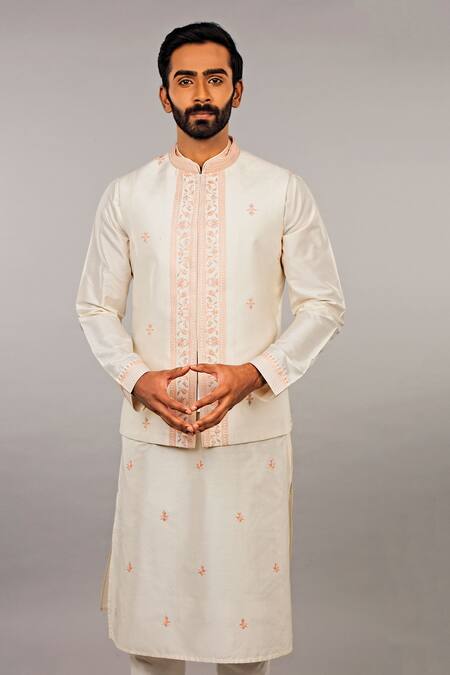 Vanshik White Silk Kurta Bundi Set Online at Aza Fashions Vanshik_White Silk Kurta Bundi Set _Online_at_Aza_Fashions