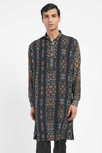 Rabani & Rakha_Black Kurta Georgette Pant Cotton Silk Floral Print Set _Online_at_Aza_Fashions