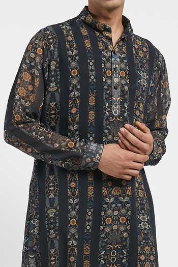 Buy_Rabani & Rakha_Black Kurta Georgette Pant Cotton Silk Floral Print Set _Online_at_Aza_Fashions