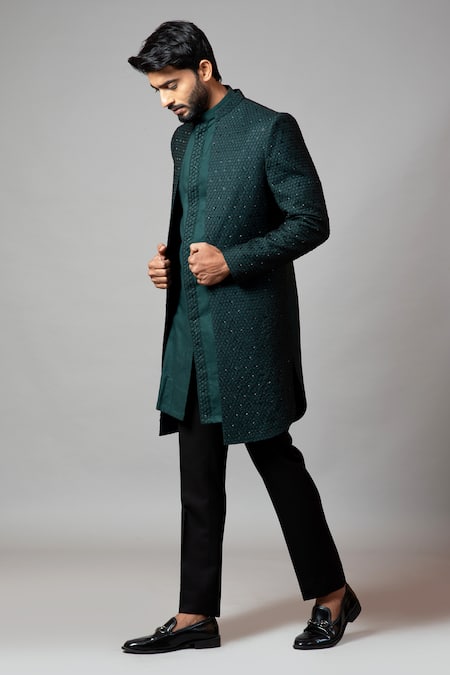 Paarsh_Green Sherwani  Kurta Linen Trousers And Set _Online_at_Aza_Fashions