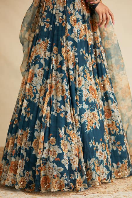 Astha Narang_Blue Organza, Crepe, Chiffon V Neck Floral Print Lehenga Set _at_Aza_Fashions