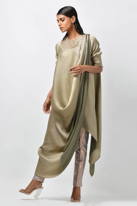 Kiran Uttam Ghosh_Beige Pleated Polyester Round Asymmetric Tunic _Online_at_Aza_Fashions