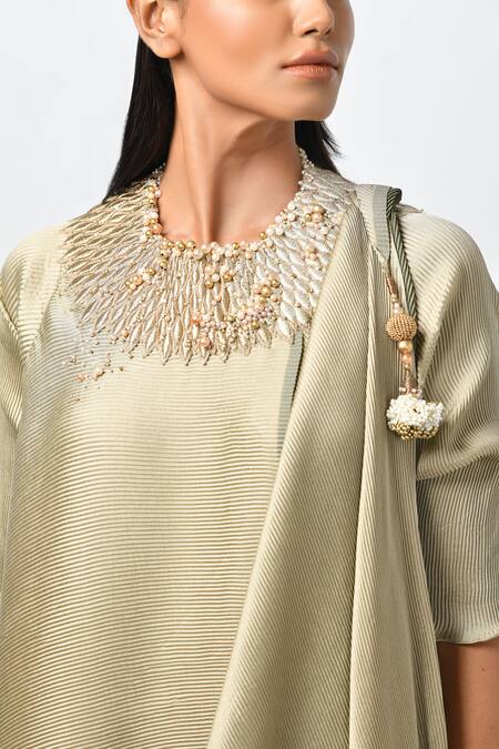 Buy_Kiran Uttam Ghosh_Beige Pleated Polyester Round Asymmetric Tunic _Online_at_Aza_Fashions