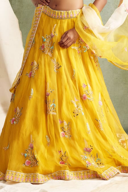 Shop Priyanka Jain Yellow Organza, Chanderi U Neck Embroidered Bridal Lehenga Set Online at Aza Fashions Shop_Priyanka Jain_Yellow Organza, Chanderi U Neck Embroidered Bridal Lehenga Set _Online_at_Aza_Fashions