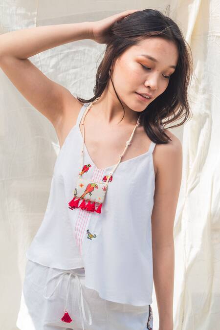 Buy White Cotton V Neck Embroidered Cami Top For Women by Nika by