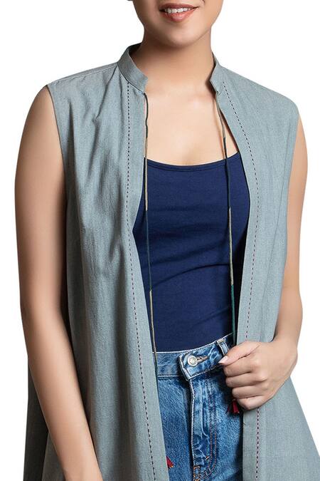 Shop Anju Modi Blue Cotton Long Jacket Online at Aza Fashions Shop_Anju Modi_Blue Cotton Long Jacket_Online_at_Aza_Fashions