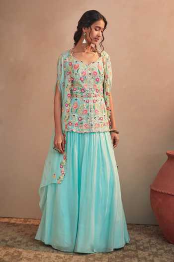 Blue Organza Embroidered Peplum Top 