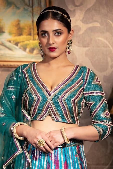 House Of Zyrra By Laxmishriali_Blue Dupatta- Net, Lehenga And Blouse - Dupion Digital Print, Chevron Border Set_Online_at_Aza_Fashions