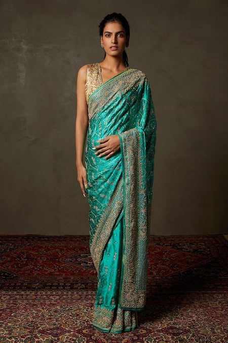 RI.Ritu Kumar Green Saree Silk Satin Embroidery Floral Tania 