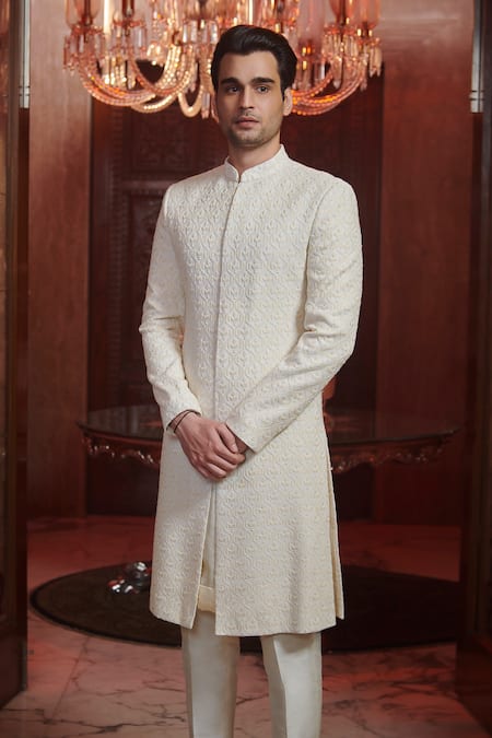 Sawan Gandhi White Georgette And Raw Silk Embroidery Thread Chikankari Sherwani & Pant Set 