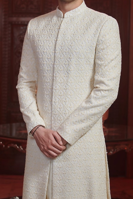Shop_Sawan Gandhi_White Georgette And Raw Silk Thread Chikankari Sherwani & Pant Set_at_Aza_Fashions