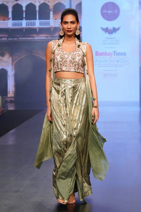 Soniya G_Grey Pure Silk Blend Foil Print, Floral Embroidery Blouse Scoop, Skirt Set _Online_at_Aza_Fashions