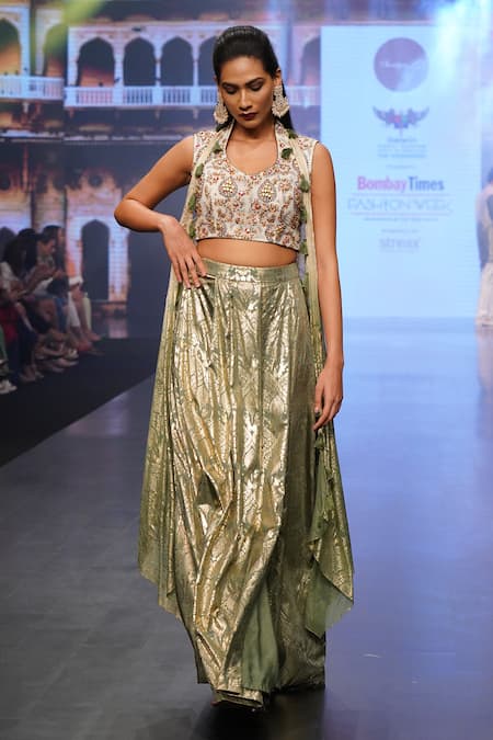 Buy_Soniya G_Grey Pure Silk Blend Foil Print, Floral Embroidery Blouse Scoop, Skirt Set _Online_at_Aza_Fashions