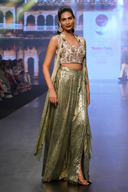 Shop_Soniya G_Grey Pure Silk Blend Foil Print, Floral Embroidery Blouse Scoop, Skirt Set _Online_at_Aza_Fashions