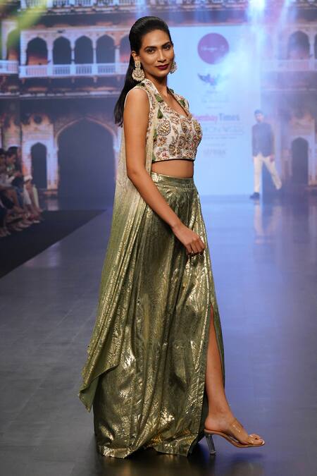 Soniya G_Grey Pure Silk Blend Foil Print, Floral Embroidery Blouse Scoop, Skirt Set _at_Aza_Fashions