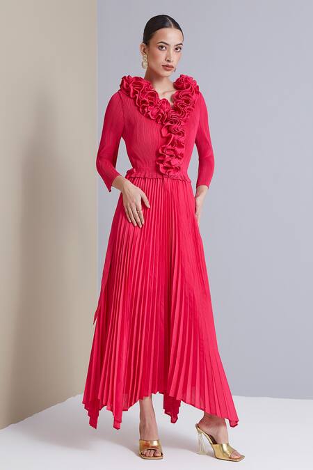 Scarlet Sage Fuchsia 100% Polyester Ruffle Abigail Pleated Dress