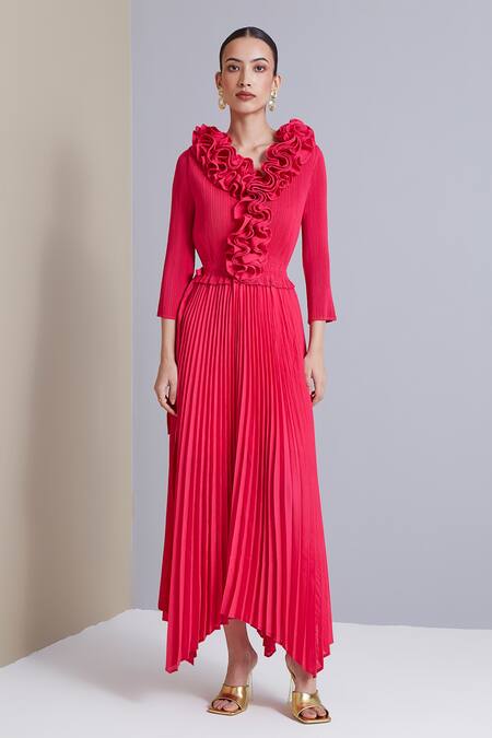Scarlet Sage_Fuchsia 100% Polyester Ruffle Abigail Pleated Dress_Online_at_Aza_Fashions
