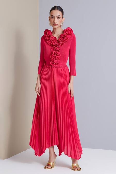 Buy_Scarlet Sage_Fuchsia 100% Polyester Ruffle Abigail Pleated Dress_Online_at_Aza_Fashions