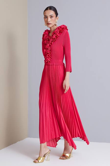 Shop_Scarlet Sage_Fuchsia 100% Polyester Ruffle Abigail Pleated Dress_Online_at_Aza_Fashions