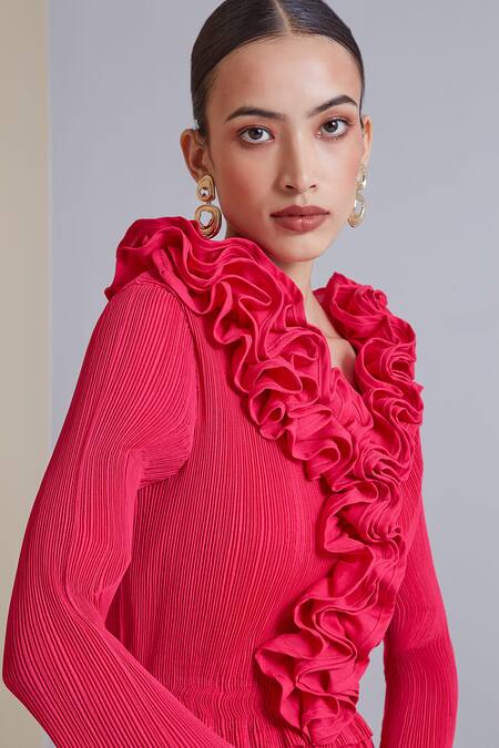 Scarlet Sage_Fuchsia 100% Polyester Ruffle Abigail Pleated Dress_at_Aza_Fashions