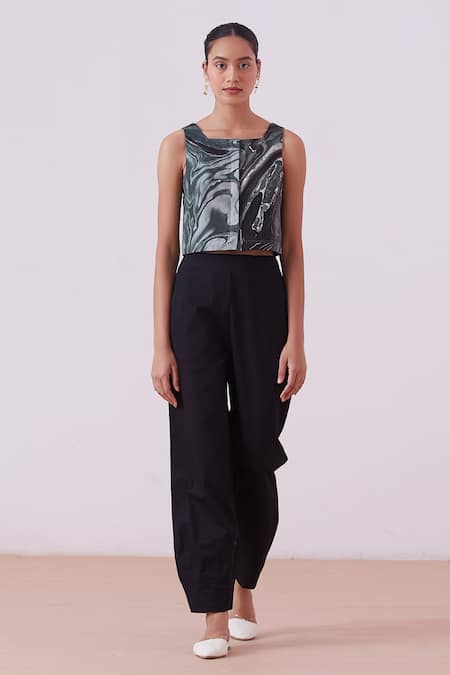 The Summer House Black Pure Hand Marbled Silk Pattern Square Adelaide Crop Top  