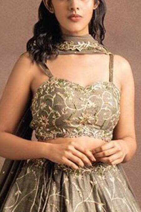 Buy_Pleats By Kaksha And Dimple_Green Raw Silk, Crepe Sweetheart Neck Embellished Lehenga Set_Online_at_Aza_Fashions