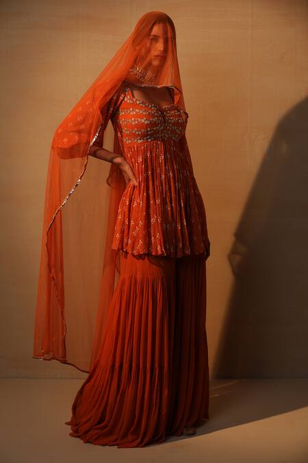 Shop Esha Koul Orange Net, Georgette Square Neck Printed Kurta And Sharara Set Online at Aza Fashions Shop_Esha Koul_Orange Net, Georgette Square Neck Printed Kurta And Sharara Set _Online_at_Aza_Fashions