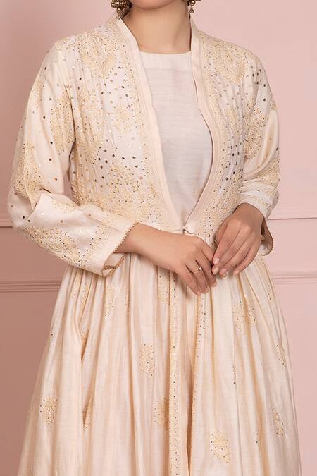 Ruh Clothing Beige Chanderi Jacket Open Slip Round Chikankari Anarkali Set Online at Aza Fashions Ruh Clothing_Beige Chanderi Jacket Open Slip Round Chikankari Anarkali Set _Online_at_Aza_Fashions