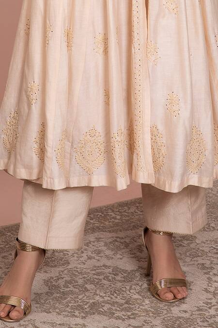 Buy Ruh Clothing Beige Chanderi Jacket Open Slip Round Chikankari Anarkali Set Online at Aza Fashions Buy_Ruh Clothing_Beige Chanderi Jacket Open Slip Round Chikankari Anarkali Set _Online_at_Aza_Fashions