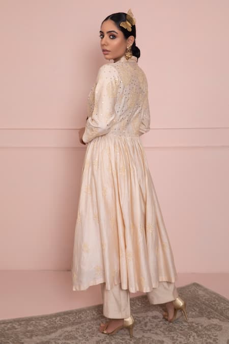 Shop Ruh Clothing Beige Chanderi Jacket Open Slip Round Chikankari Anarkali Set at Aza Fashions Shop_Ruh Clothing_Beige Chanderi Jacket Open Slip Round Chikankari Anarkali Set _at_Aza_Fashions