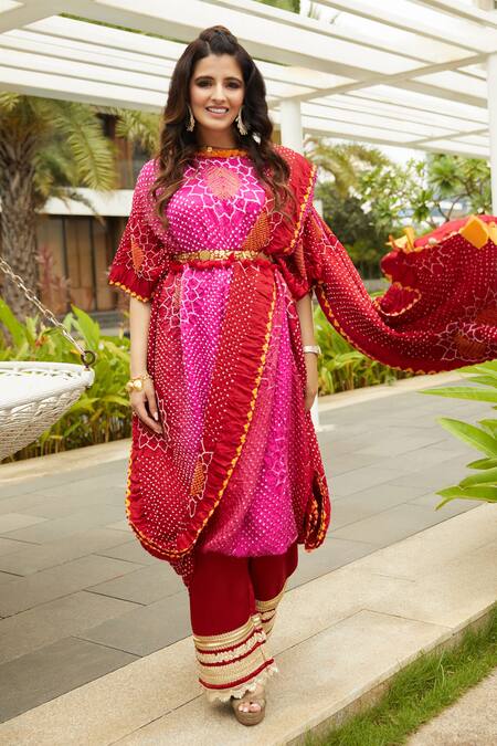 Dyelogue Red Gajji Silk Bandhani Draped Dress Online at Aza Fashions Dyelogue_Red Gajji Silk Bandhani Draped Dress _Online_at_Aza_Fashions