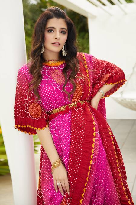 Dyelogue Red Gajji Silk Bandhani Draped Dress at Aza Fashions Dyelogue_Red Gajji Silk Bandhani Draped Dress _at_Aza_Fashions